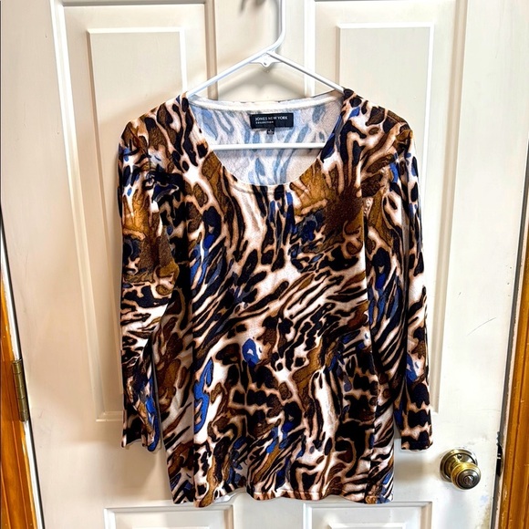 Jones New York Brown Blue and Black Animal Print Graphic Blouse size L - Picture 1 of 8